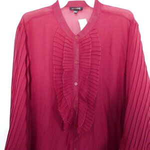 NWT delicate sheer blouse accordion pleats sleeves & ruffle magenta-red size 3X